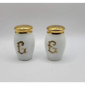 Vintage White & Gold Ceramic Monogram "E" Salt & Pepper Shakers